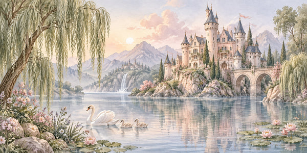 Watercolor Lakeside Castle Fairy Tale Wall Mural, image 3