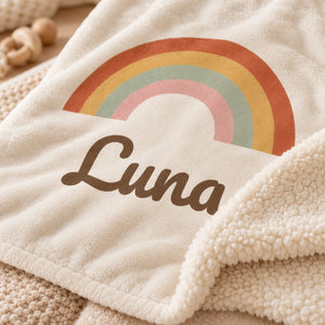 Boho Rainbow sherpa baby blanket, personalized, styled photo 2