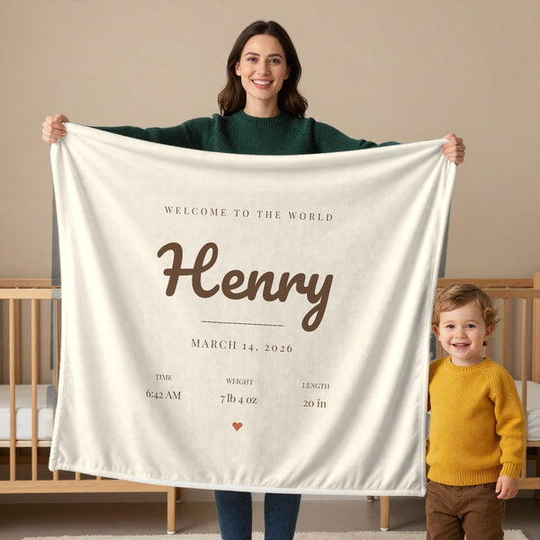 Birth Announcement toddler minky blanket in cream, held by a mom