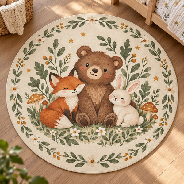 Close view of the bear, fox, bunny and floral artwork on the round rug