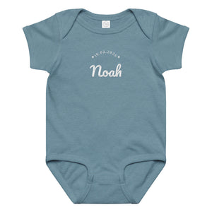 Embroidered baby name bodysuit, vintage indigo bodysuit with white thread