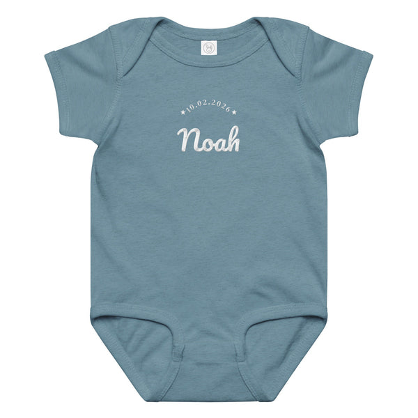 Embroidered baby name bodysuit, vintage indigo bodysuit with white thread