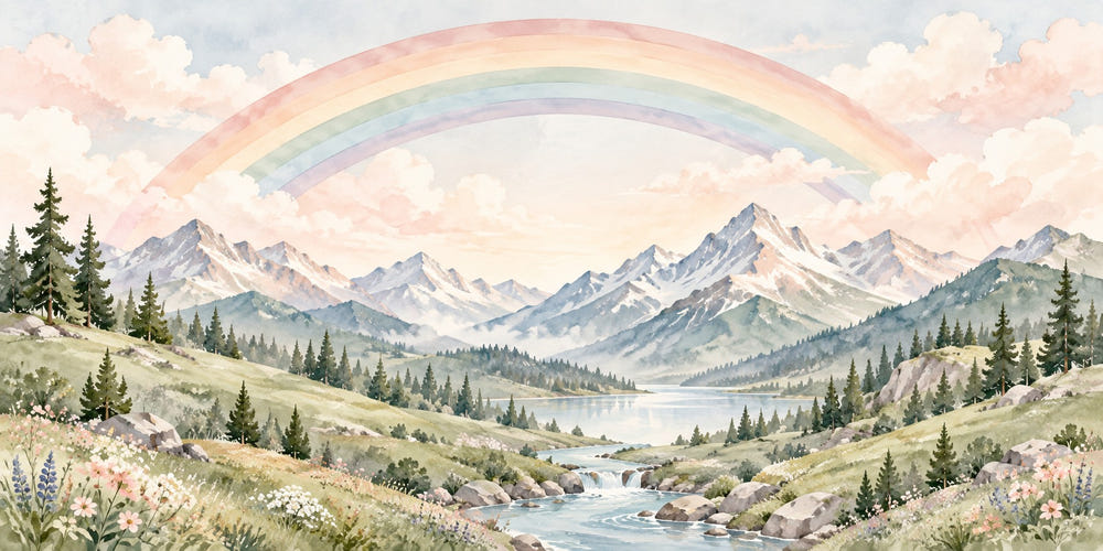 Watercolor Mountain River Rainbow Wall Mural, image 1