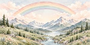Watercolor Mountain River Rainbow Wall Mural, image 2