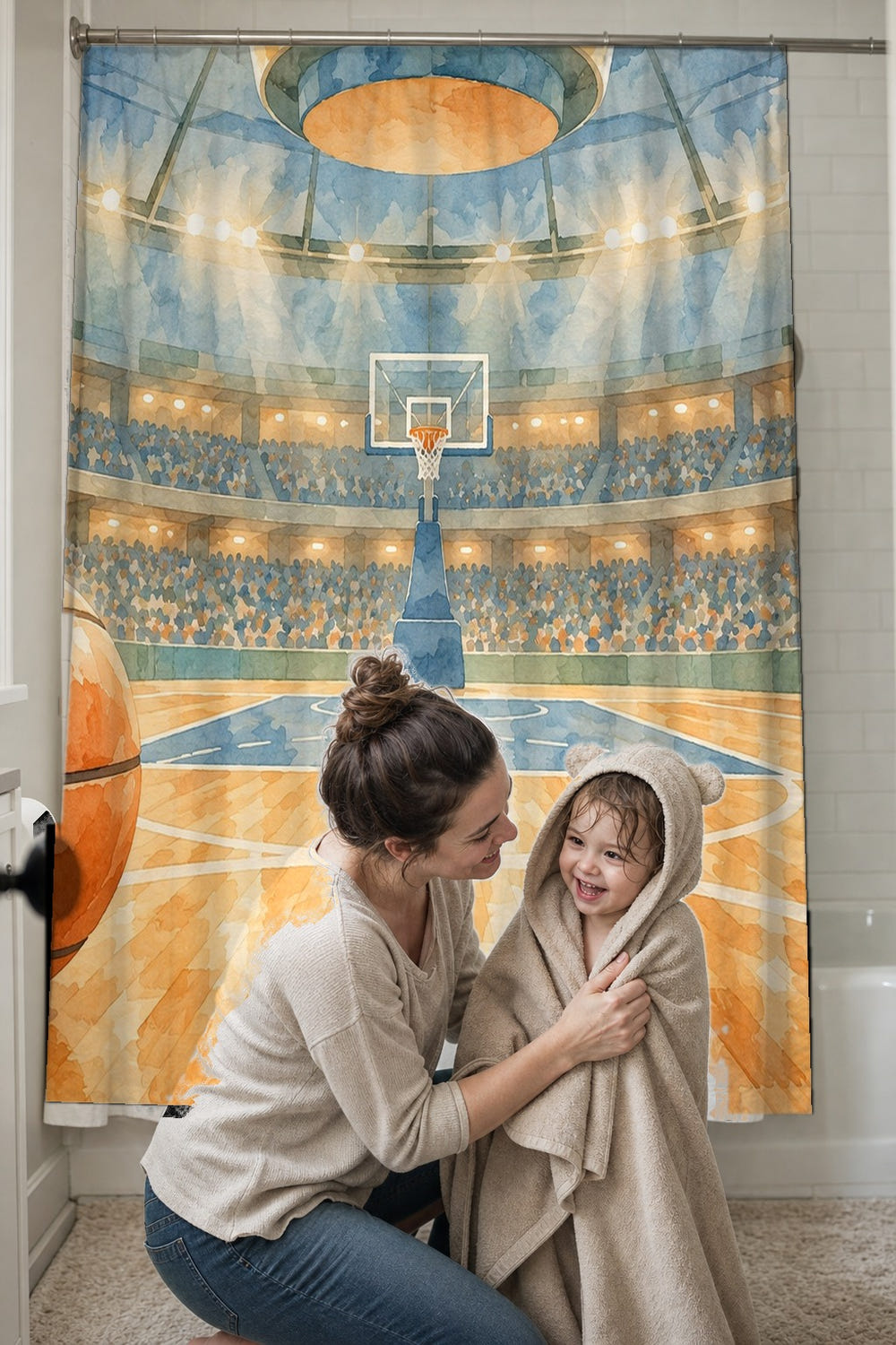 Indoor Arena Basketball shower curtain, full front view of the 71 x 74 in fabric curtain