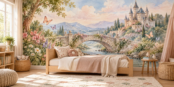 Watercolor Castle Bridge Fairy Tale Wall Mural, image 2