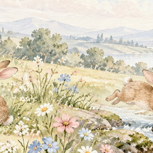 Rainbow Meadow Bunny shower curtain, close up of the watercolor artwork