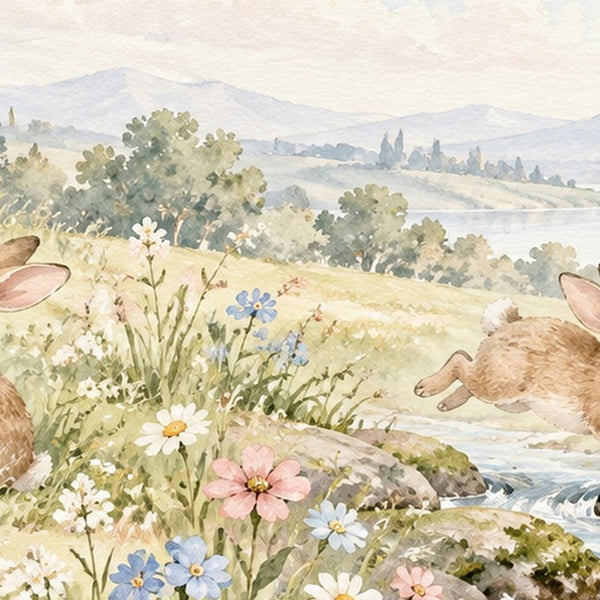 Rainbow Meadow Bunny shower curtain, close up of the watercolor artwork