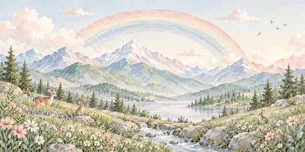 Watercolor Mountain Stream Rainbow Wall Mural, image 2