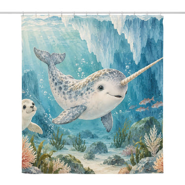 Baby Narwhal Ocean shower curtain, full front view of the 71 x 74 in fabric curtain