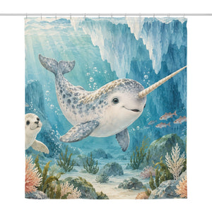 Baby Narwhal Ocean shower curtain, full front view of the 71 x 74 in fabric curtain