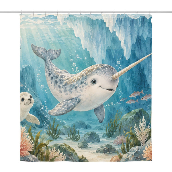 Baby Narwhal Ocean shower curtain, full front view of the 71 x 74 in fabric curtain