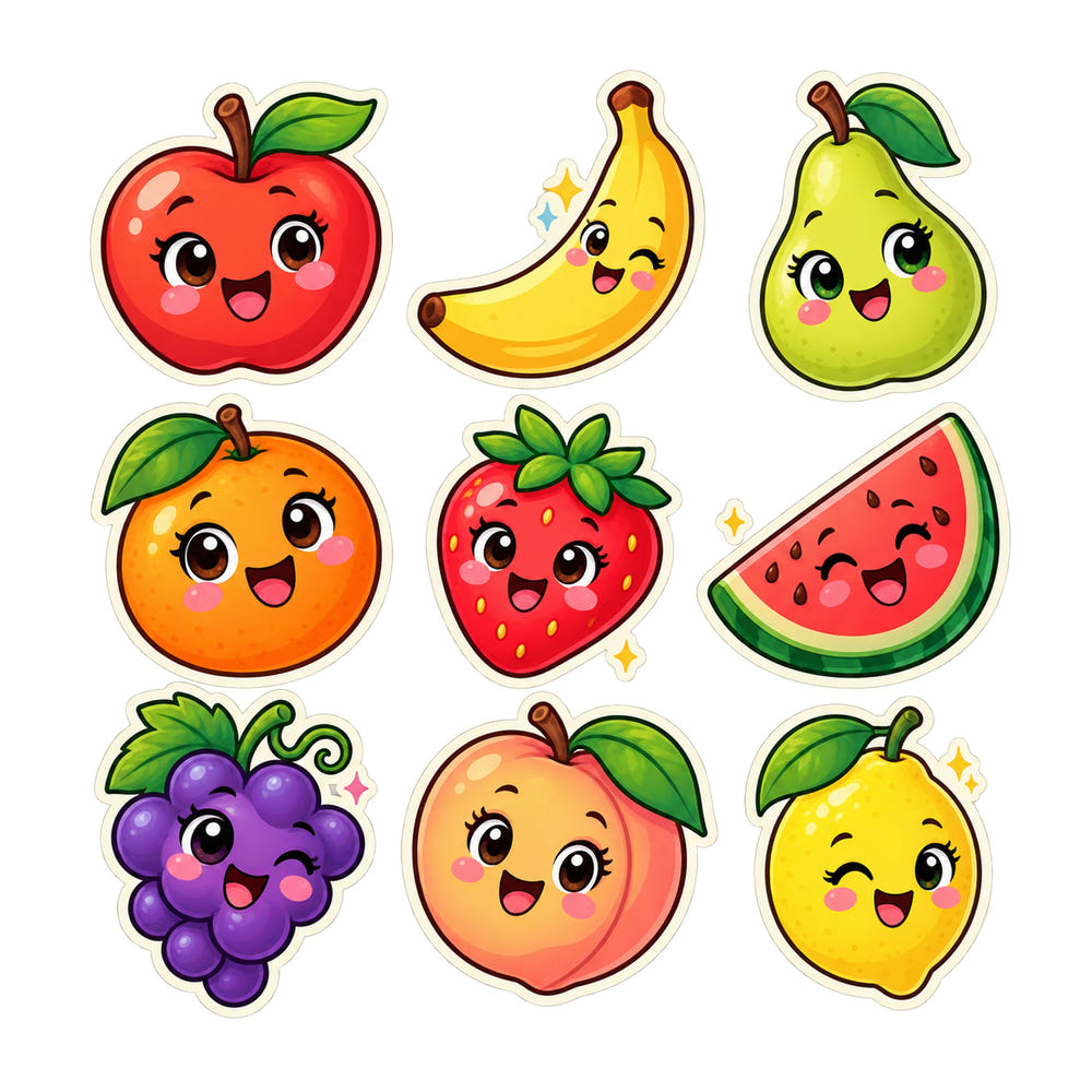 Cute Fruits Wall Decals, Set of 9, First Words Stickers, image 1