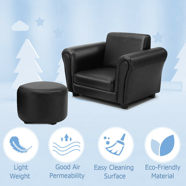 Black kids single armrest couch sofa with ottoman, perfect for playrooms and cozy spaces. Angle 6 view.