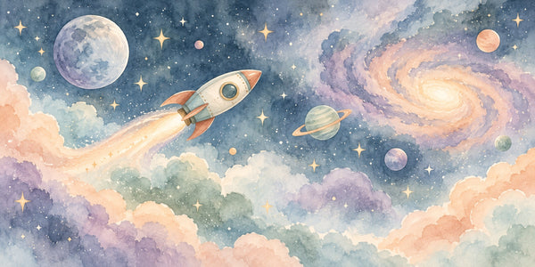 Watercolor Rocket Journey Wall Mural, image 3