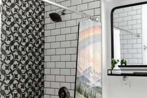 Mountain River Rainbow shower curtain in a modern farmhouse bathroom with subway tile