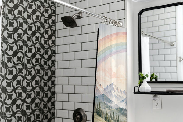 Mountain River Rainbow shower curtain in a modern farmhouse bathroom with subway tile
