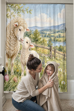 Mom drying her toddler in a hooded towel in front of the Lamb Meadow Farm shower curtain
