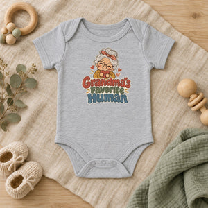 Grandma's Favorite Human baby bodysuit in heather grey
