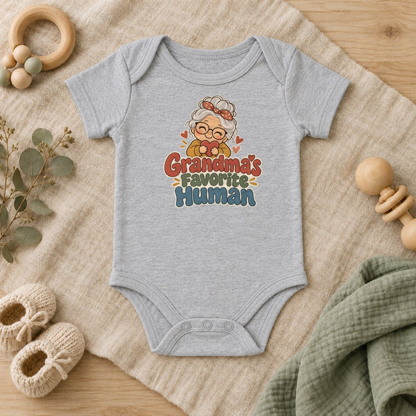 Grandma's Favorite Human baby bodysuit in heather grey