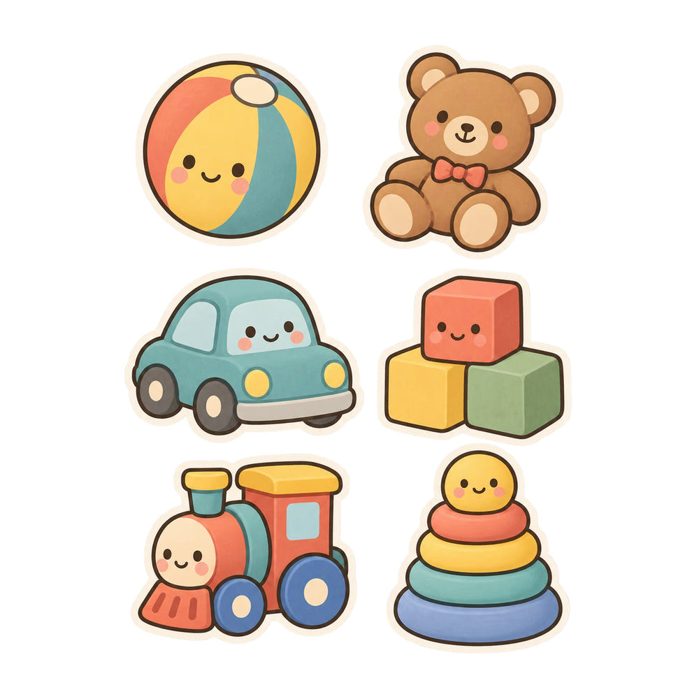 Soft Toys Wall Decals, Set of 6, Baby First Words, image 1