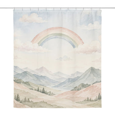 Blush Mountain Rainbow shower curtain, full front view of the 71 x 74 in fabric curtain