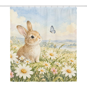 Daisy Meadow Bunny shower curtain, full front view of the 71 x 74 in fabric curtain