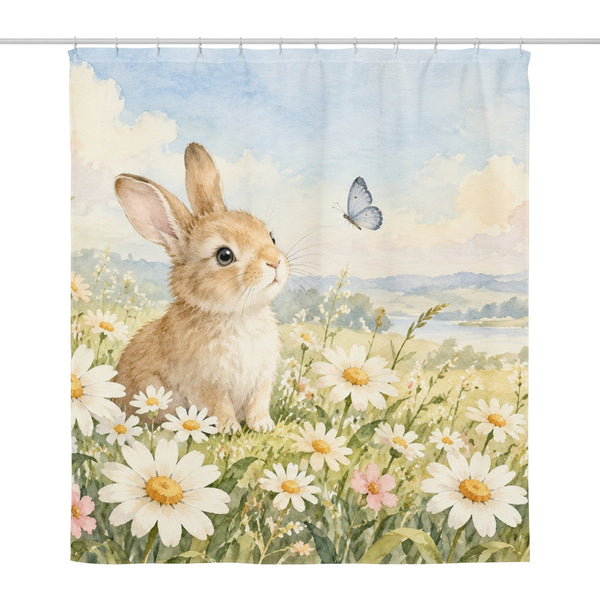 Daisy Meadow Bunny shower curtain, full front view of the 71 x 74 in fabric curtain