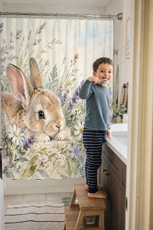 Child brushing teeth in a family bathroom with the Lavender Bunny shower curtain