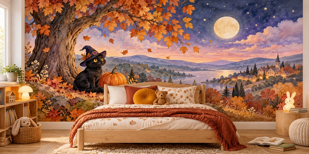 Watercolor Black Cat Halloween Wall Mural, image 1