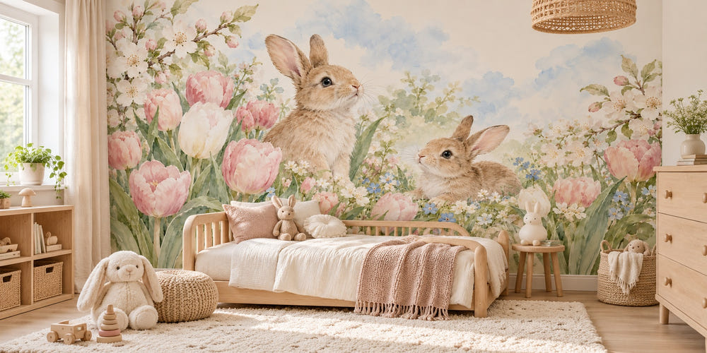 Watercolor Spring Tulips Bunny Wall Mural, image 1