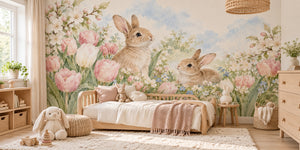 Watercolor Spring Tulips Bunny Wall Mural, image 2