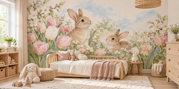 Watercolor Spring Tulips Bunny Wall Mural, image 2