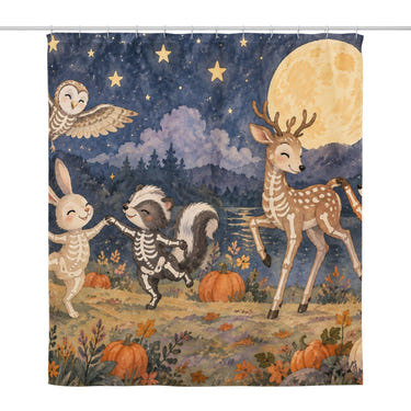 Skeleton Friends Halloween shower curtain, full front view of the 71 x 74 in fabric curtain
