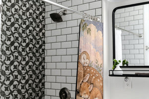 Dreamland Friends shower curtain in a modern farmhouse bathroom with subway tile