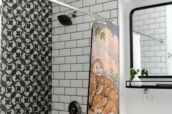Dreamland Friends shower curtain in a modern farmhouse bathroom with subway tile