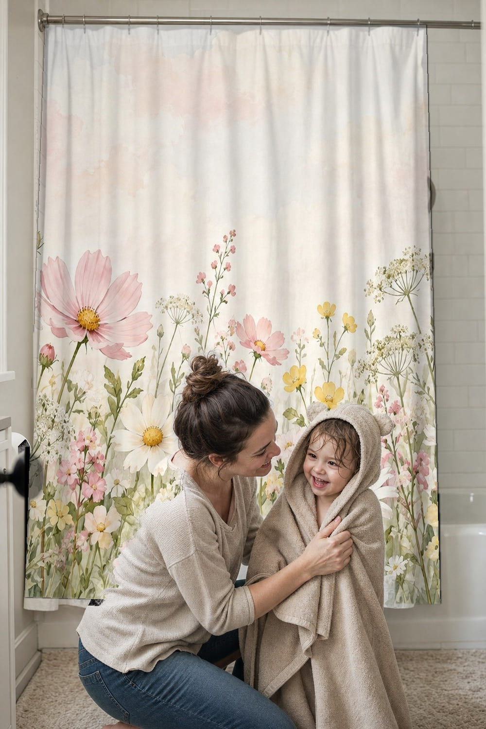 Cosmos and Daisy Meadow shower curtain, full front view of the 71 x 74 in fabric curtain