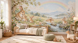Watercolor Rainbow Meadow Bunny Wall Mural, image 2