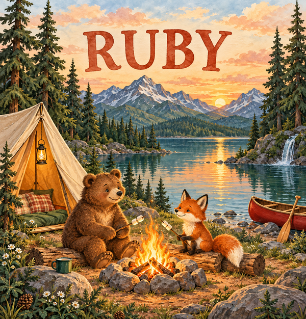 Camping Adventure watercolor artwork with the name Ruby