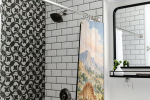 Footprint Valley Dinosaur shower curtain in a modern farmhouse bathroom with subway tile