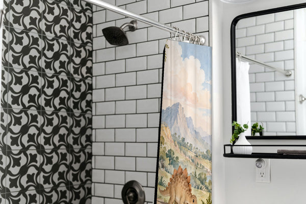 Footprint Valley Dinosaur shower curtain in a modern farmhouse bathroom with subway tile