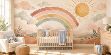 Watercolor Rainbow Sunshine Clouds Wall Mural, image 1