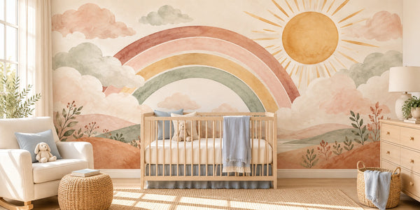 Watercolor Rainbow Sunshine Clouds Wall Mural, image 1