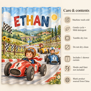 Care and contents of the Race Day personalized kids shower curtain
