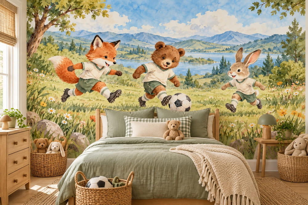 Watercolor Animal Soccer Team Wall Mural, image 1