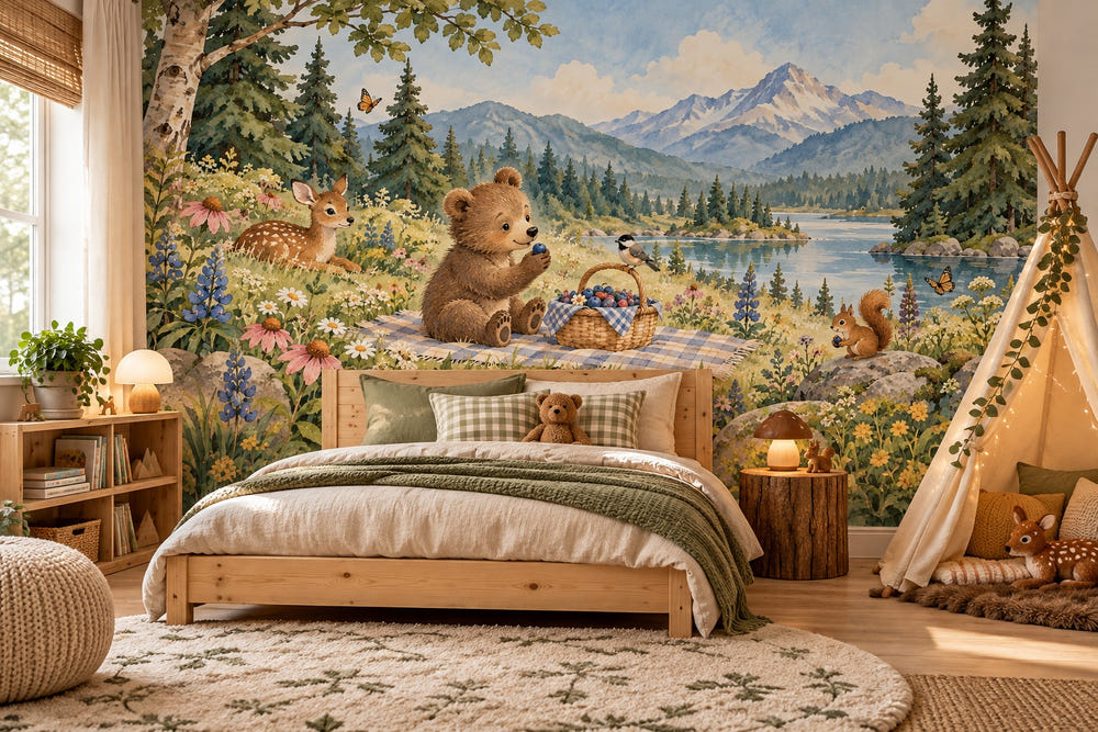 Watercolor Meadow Picnic Camping Wall Mural, image 1