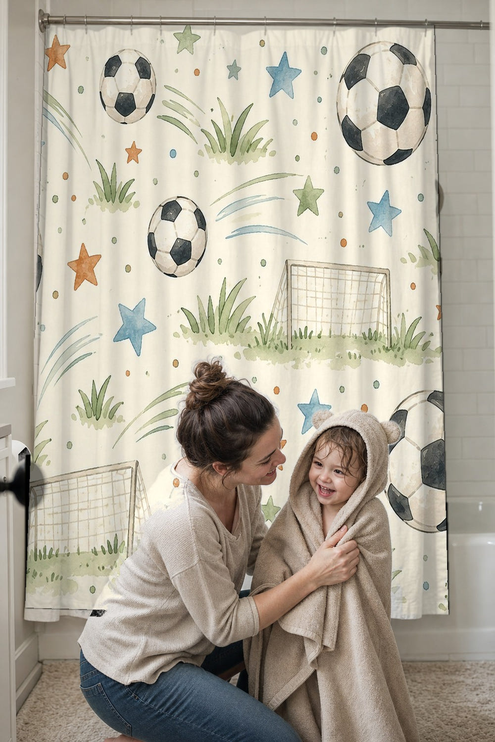 Soccer Pattern shower curtain, full front view of the 71 x 74 in fabric curtain