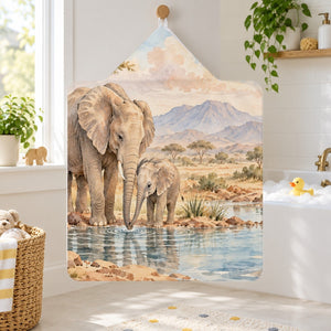 Elephant Family Safari kids hooded bath towel hanging in a kids bathroom