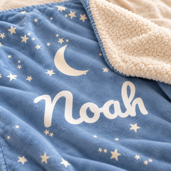 Moon and Stars sherpa baby blanket, personalized, styled photo 2