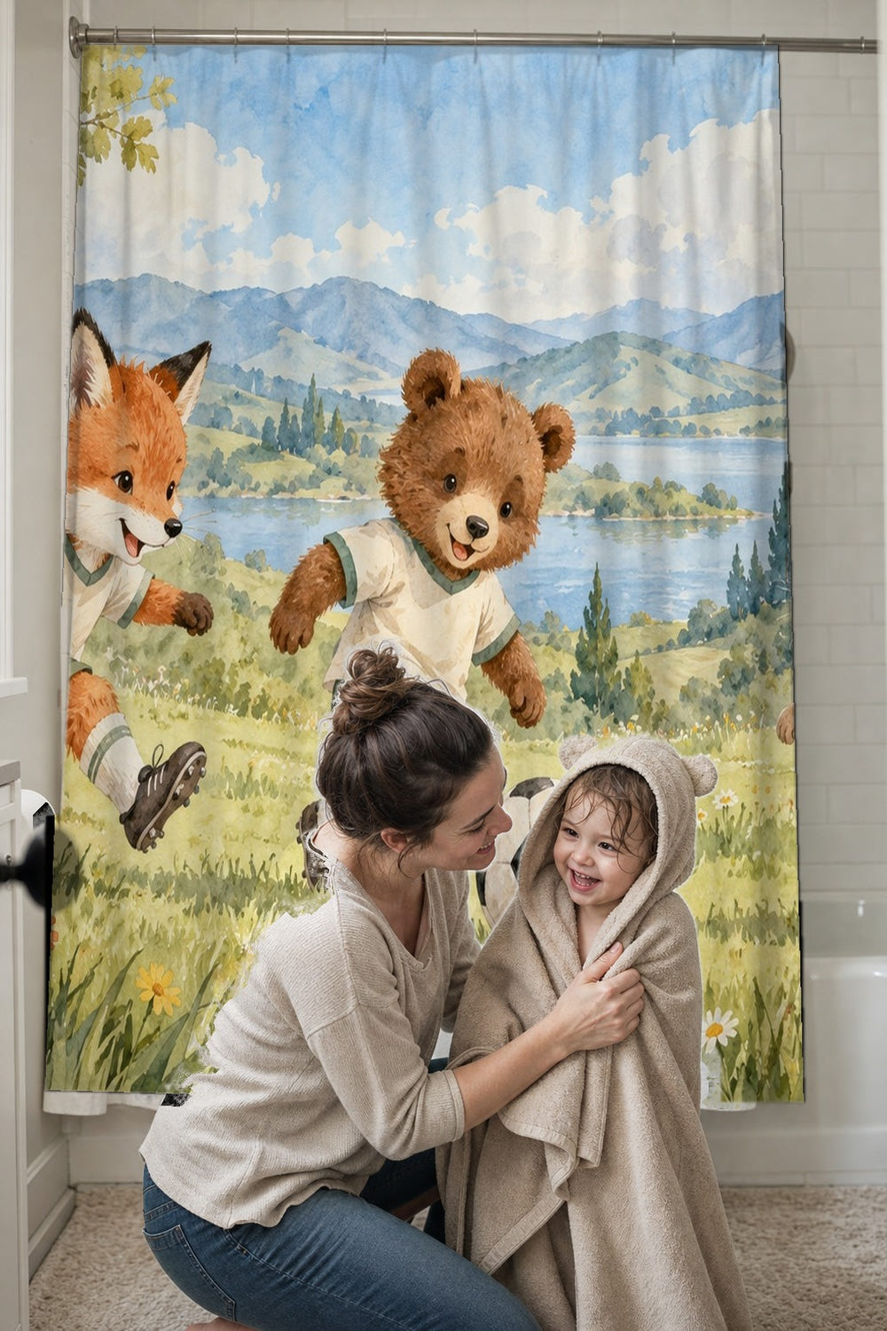 Animal Soccer Team shower curtain, full front view of the 71 x 74 in fabric curtain